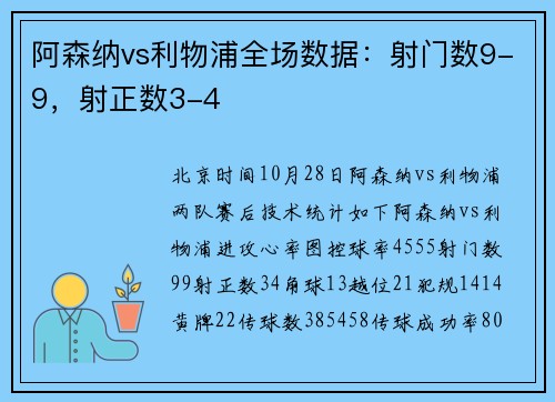阿森纳vs利物浦全场数据：射门数9-9，射正数3-4